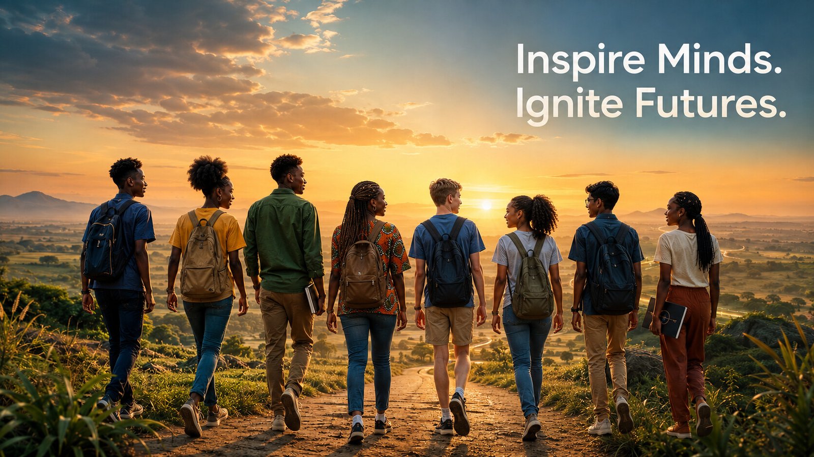 Diverse young people walking together toward the horizon — Inspire Minds. Ignite Futures.