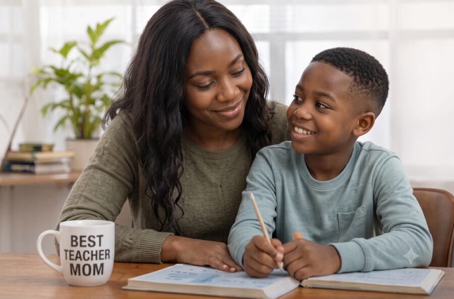 Mother helping child with schoolwork